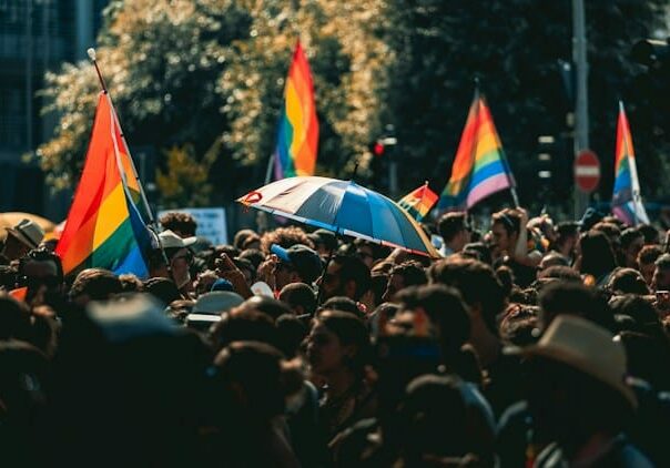 LGBT-themed umbrellas in a crowd