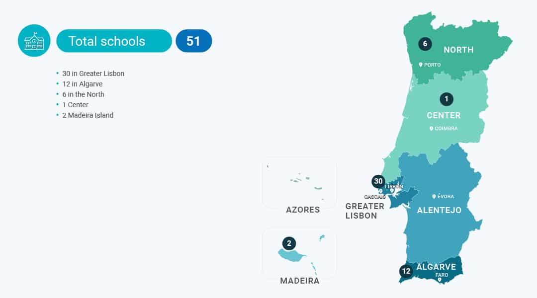 Map of international schools in Portugal