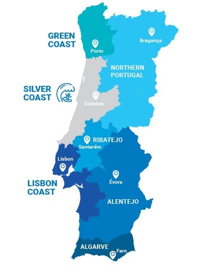 The detailed map of the Portugal with regions or states and cities