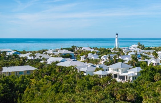 aerial view of beach neigborhood and buildings in the caribbean