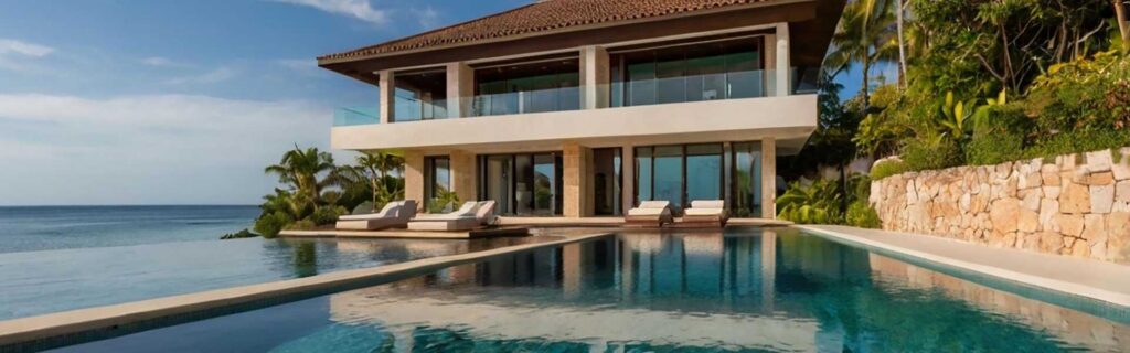luxury beach front villa in grenada with a pool and ocean on the left