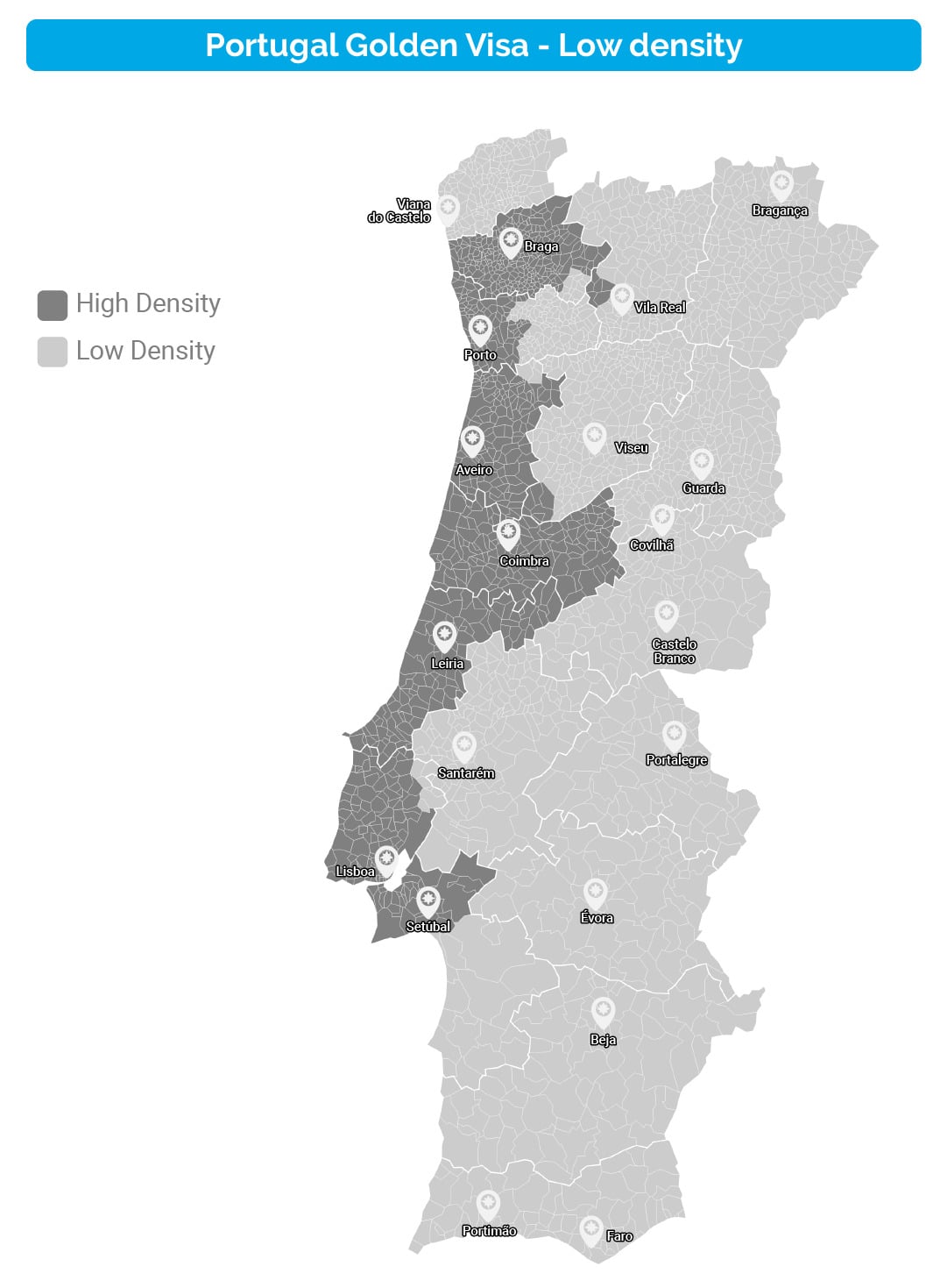 Map showing the high and low density areas in Portugal.