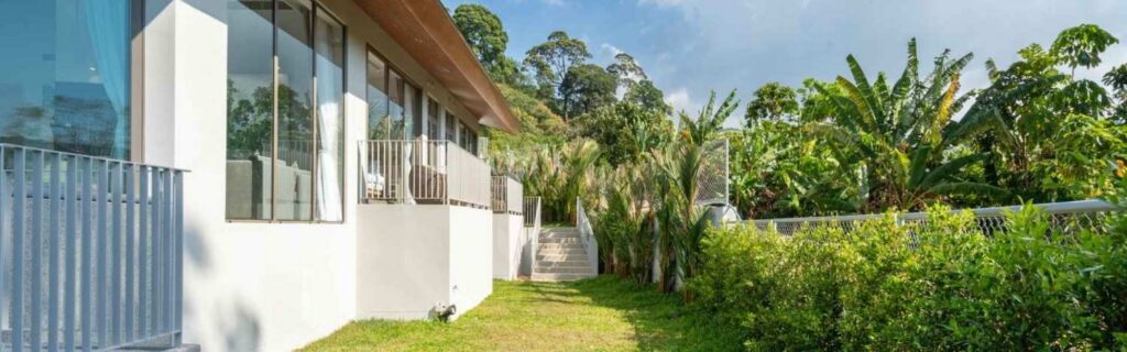 side-view of family in in grenada with the house on the left and garden on the right