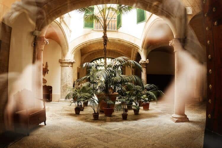 A traditional Spanish courtyard with potted palm plants and stone arches.