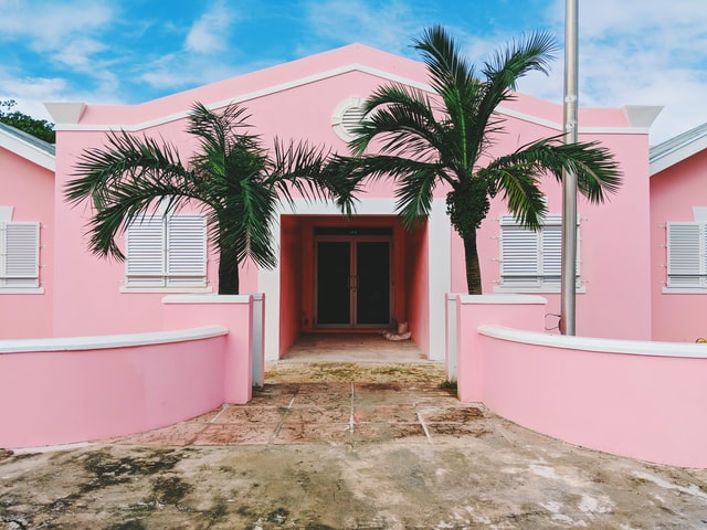 The entrance to a pink colored house, flanked by palm trees