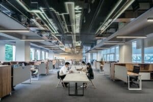 People sitting at a long desk working in a modern office - What is economic citizenship?