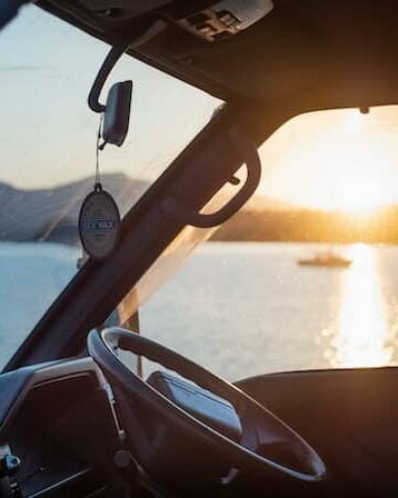 view of water from a car's drivers seat