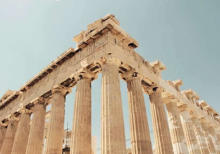 An ancient monument with pillar in Greece. 