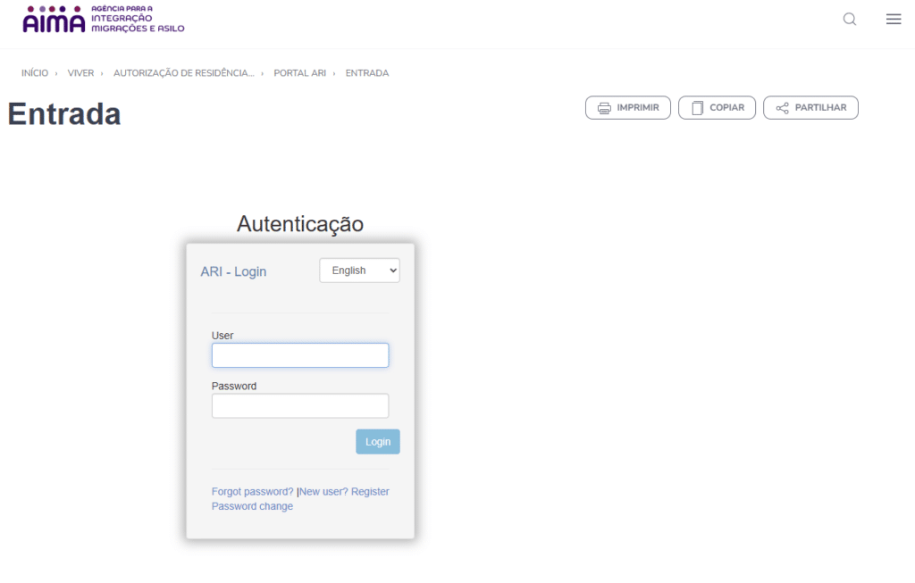Golden Visa residence permit login screen