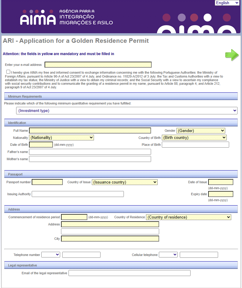 Portugal Golden Visa registeration page