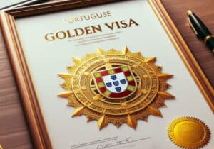 Framed Portugal golden visa certificate on a desk next to a pen