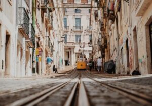 Hill on a street in the historic center of Lisbon, Portugal