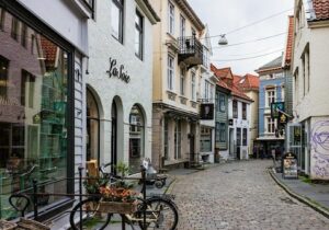 View of quaint Norwegian streets with bicycles - LGBT friendly Scandinavian country