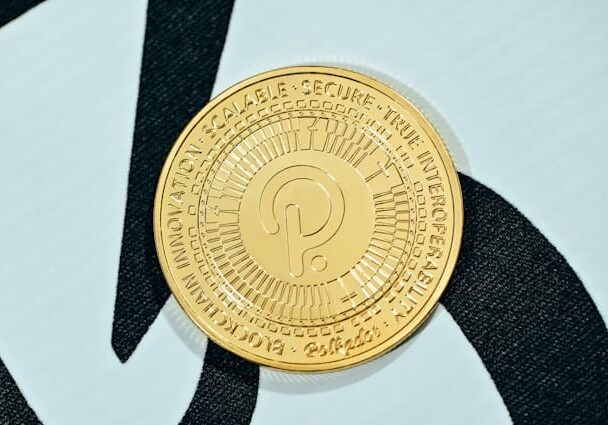 Polkadot cryptocurrency coin on top of a black and white graphic background - top cryptocurrencies for investment