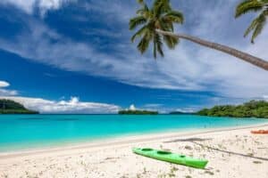 view of port orly beach in with palm trees in espiritu santo island vanuatu