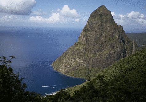 aerial view of gros piton and the caribbean sea from a hiker