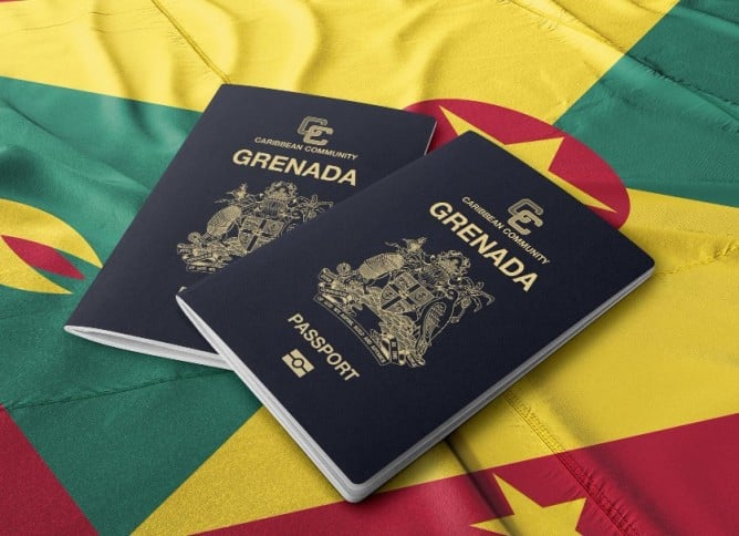 two renewed grenada passports on a grenadian flag