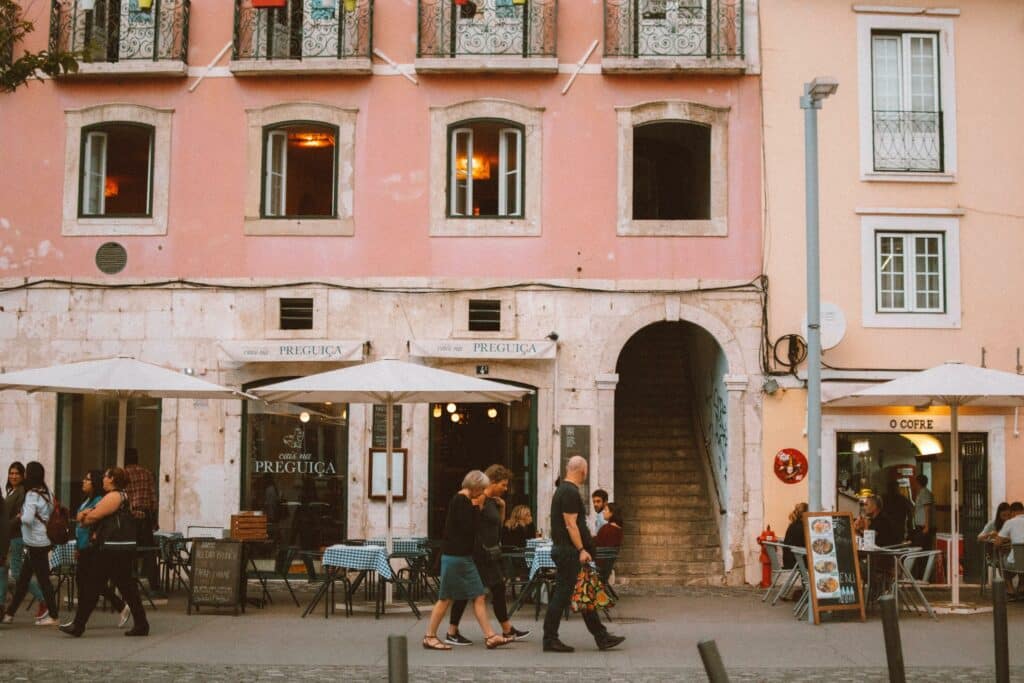 Lisbon street view with a restaurant