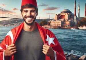 happy man with a Turkish flag around his shoulders standing in Istanbul 
