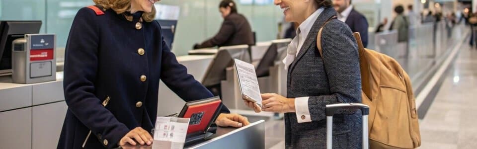 woman traveling check-in desk with her passport in Turkey