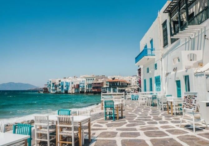 a coffee shop near the beach in Greece