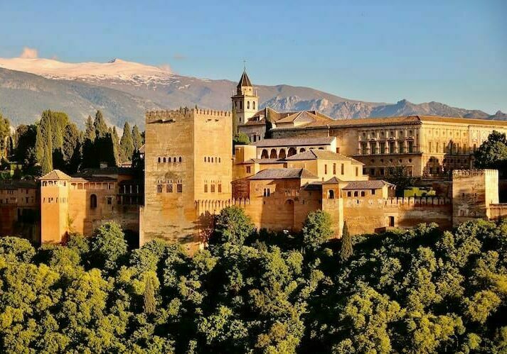 A brown building in Spain surrounded by a forest of trees. 
