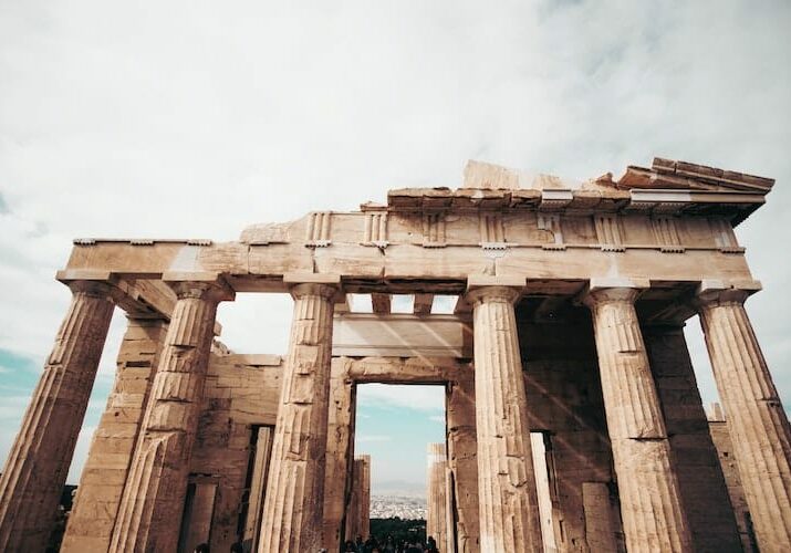 An ancient monument in Greece with six pillars. 