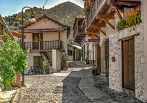 Brick houses with a brick walk way surrounded by mountains and trees. 