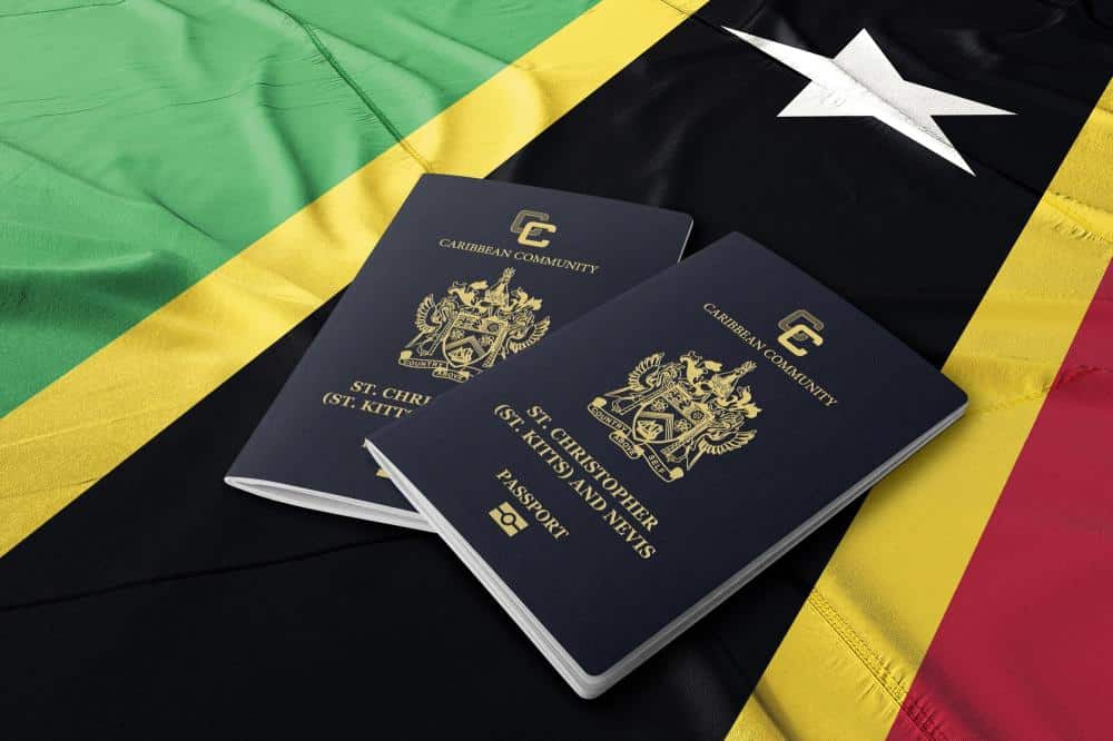 two st kitts passports on a st kitts and nevis flag