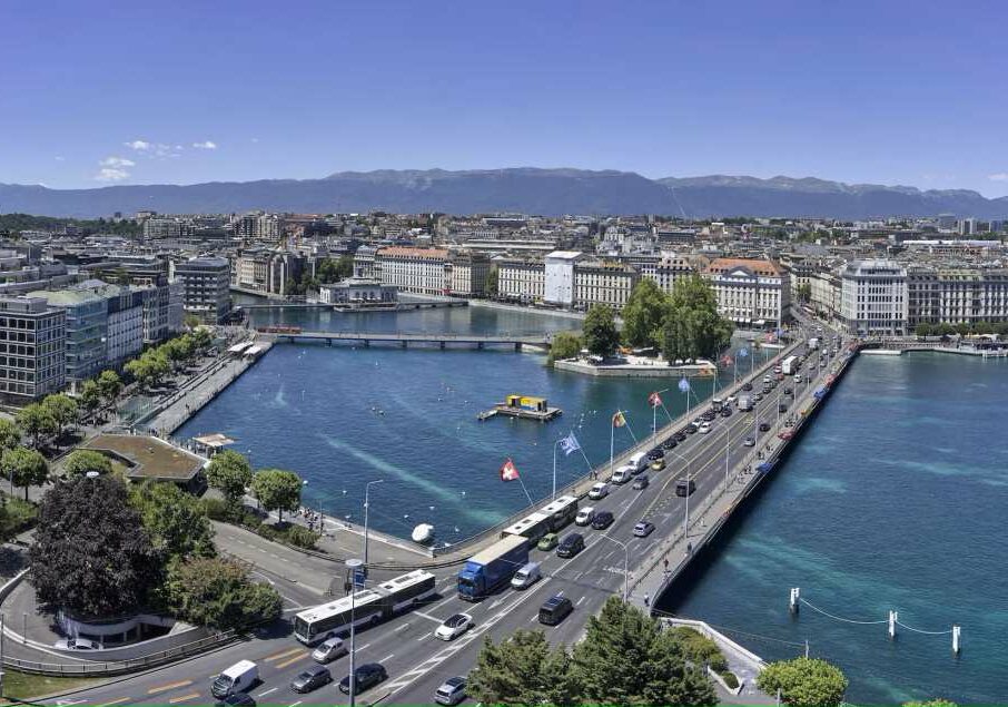Panoramic aerial photo of Geneva, Switzerland on a sunny day - best European countries for expatriates to live in