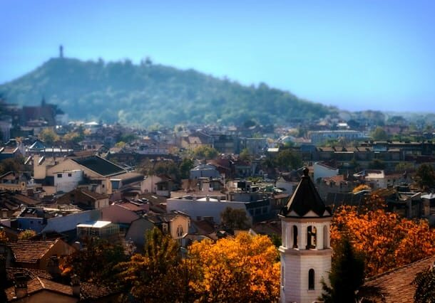 Aerial view over a town in Bulgaria in the fall - European countries that are cheap to live in