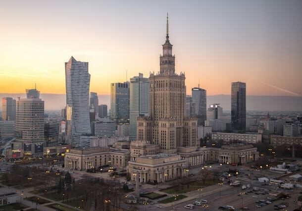Aerial Wide Shot of Downtown Warsaw, Poland, after Sunrise - cheapest country to live in Europe
