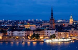 View on Stockholm district Sodermalm in Sweden at night - Nordic country to live for expats