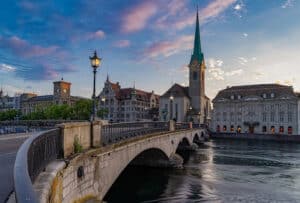 Fraumunster Church and Limmat River in the Morning, Zurich, Switzerland - best place to retire in Europe