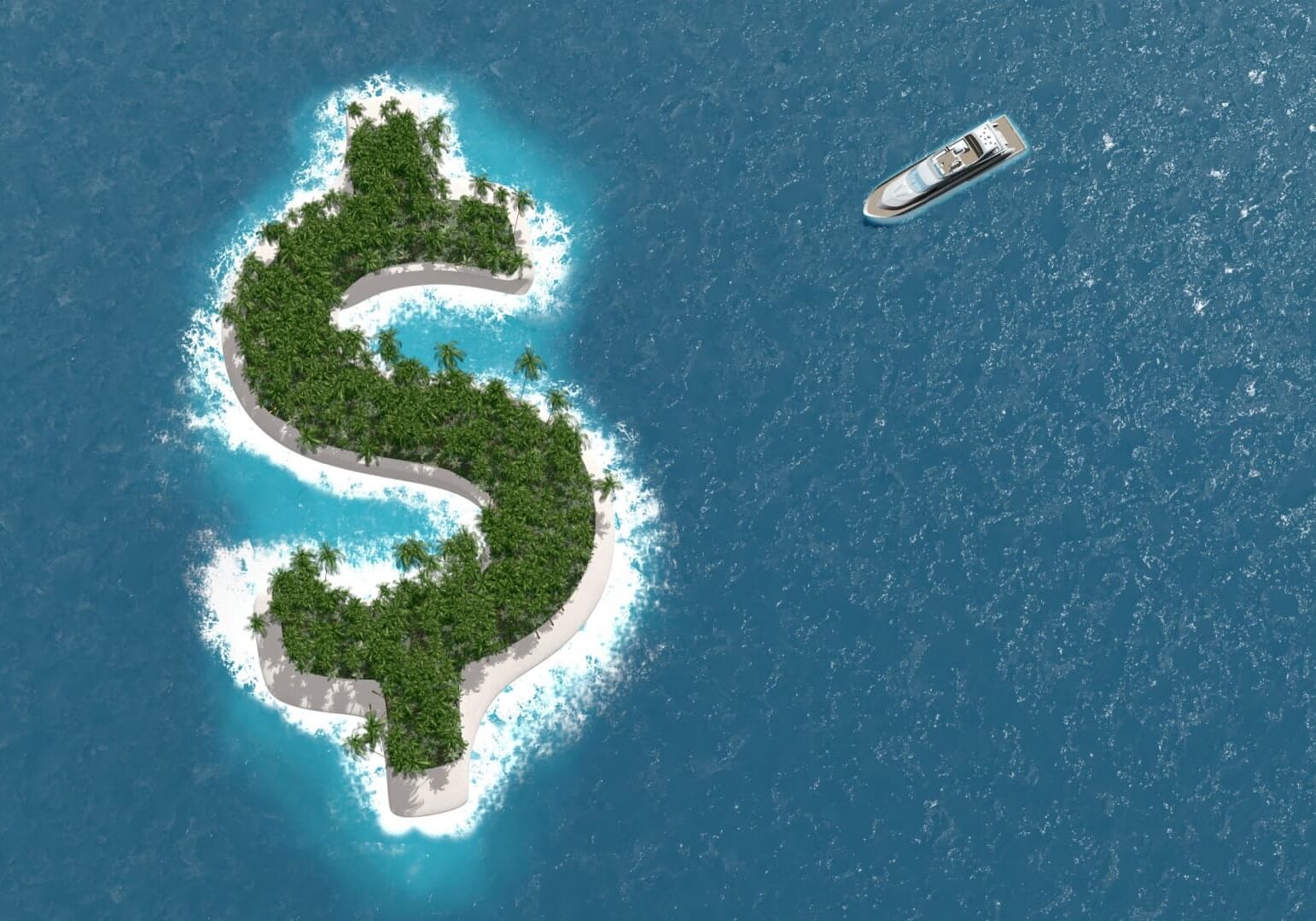 Boat in the ocean sailing towards a green island shaped like a dollar sign - Offshore banking definition