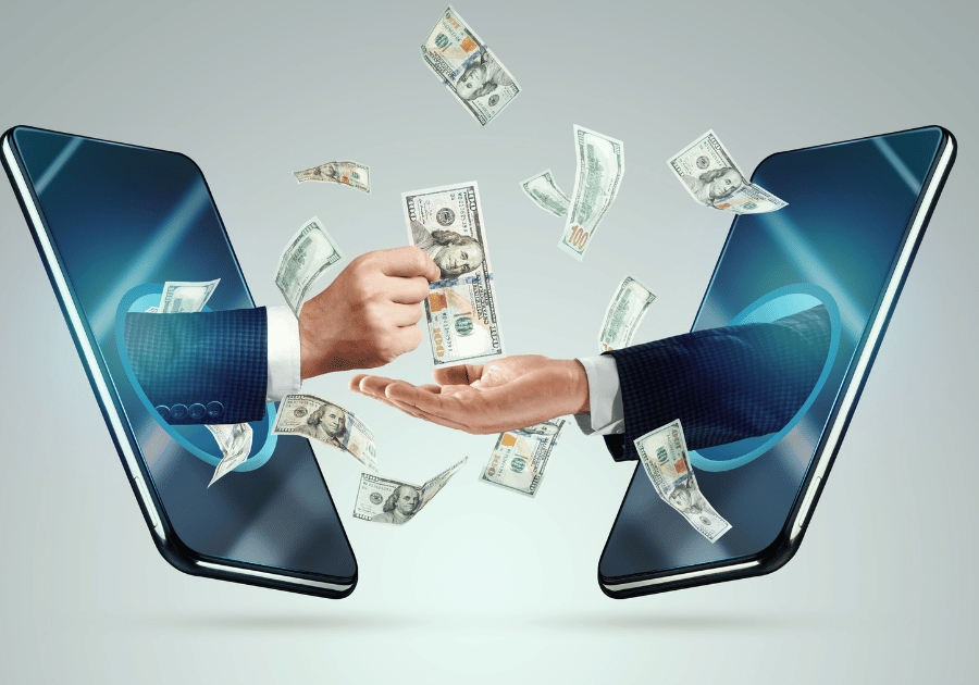 Graphic showing two hands coming out of smartphones transfering money from one to the other - Withdrawing funds from offshore banking accounts