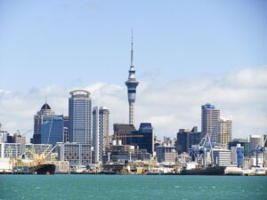 Auckland, New Zealand skyline across the ocean - Oceania, a place for Americans to retire