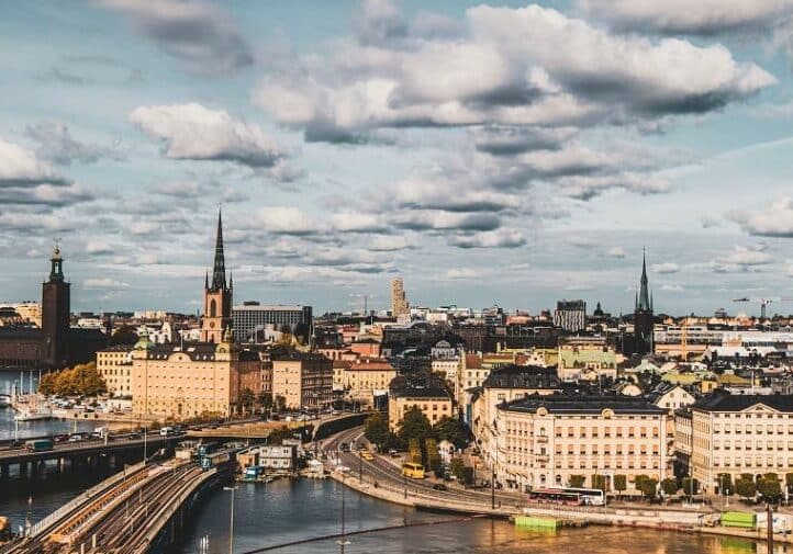 Overview of aerial photography of buildings in Sweden on a partly cloudy day - best European country to live in