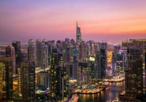 Dusk view of city in United Arab Emirates - Middle Eastern crypto-friendly country