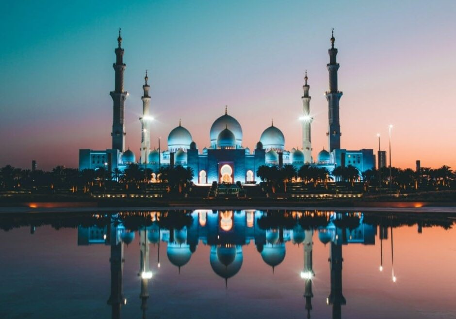 Night time view of Taj Arabia, a replica of the Taj Mahal in United Arab Emirates - UAE Golden Visa program