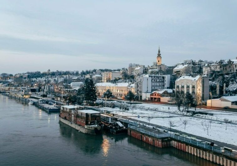 Winter view of Belgrade, Serbia, from the Danube River with snow-covered surroundings