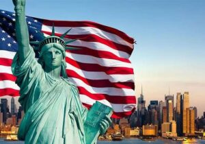 Rendered image of Statue of Liberty, waving American flag and the New York City skyline - Golden visa opportunities for students