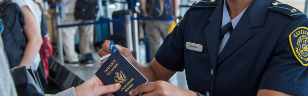 caribbean traveler having passport checked by immigration officer