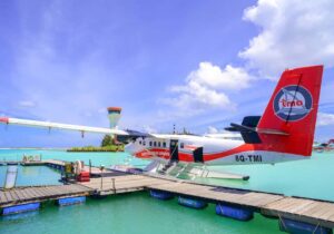 Sea plane docked in the Maldives - low-tax country