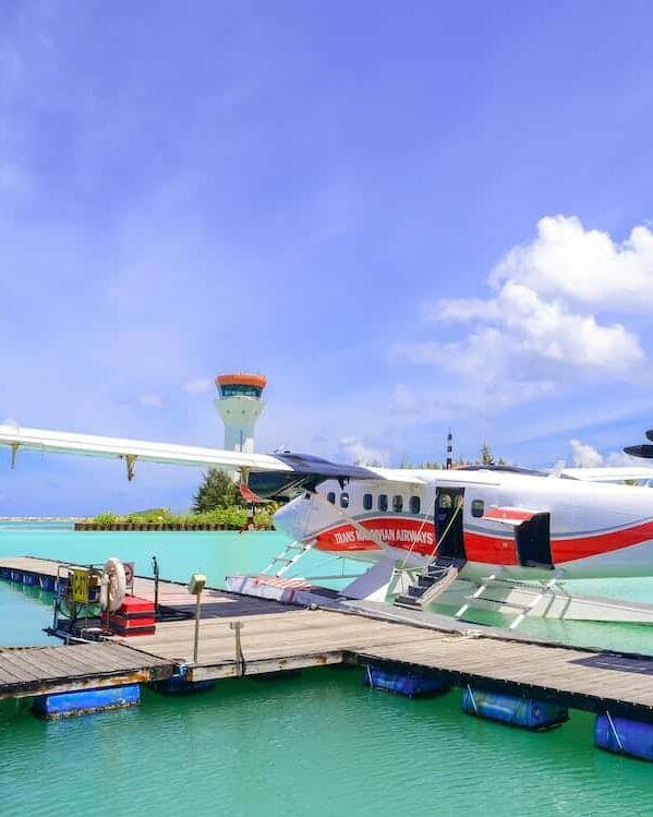 A seaplane next to a pier on an island on a sunny day - where to retire for island life