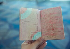 Women's hand holding open a passport against a blue floor - how to get a plan b passport