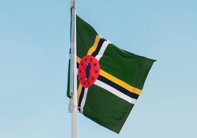 Dominica flag waving in the wind against a blue sky - Dominican citizenship by investment