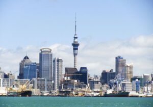 View of Auckland's city skyline from across the ocean - New Zealand as a gay-friendly country