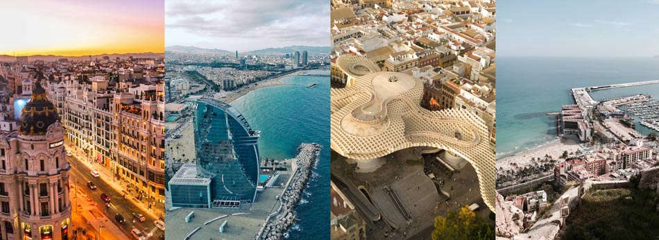 Four iconic Spanish cities side by side: Madrid at sunset, Barcelona's coastline, Seville's Metropol Parasol, and Alicante's marina along the Mediterranean.