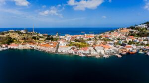 aerial view of carenage in grenada and harbor with boats